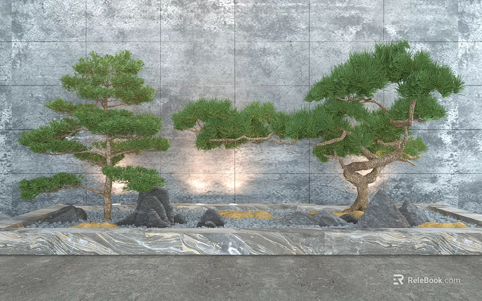 Serene Garden Ornament With Bonsai Pine Trees Stones Gravel And Gray Wall Background 3d model 