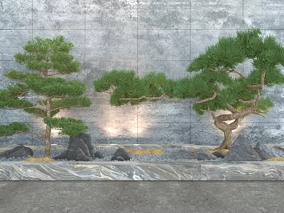 Serene Garden Ornament With Bonsai Pine Trees Stones Gravel And Gray Wall Background 3d model