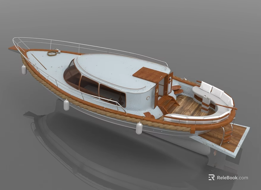 Sleek White Motorboat With Wooden Deck Cabin Seating Area And Modern Design 3d model 