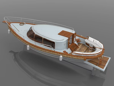 Sleek White Motorboat With Wooden Deck Cabin Seating Area And Modern Design 3d model