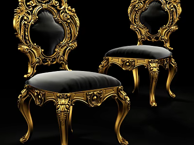 Ornate Golden Carved Dining Chairs With Black Velvet Cushions And Classic Design 3d model