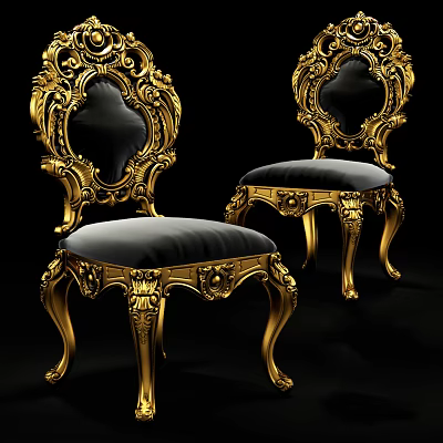 Ornate Golden Carved Dining Chairs With Black Velvet Cushions And Classic Design 3d model