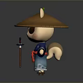 Cartoon Animal Character Wearing Straw Hat Blue Kimono Red Sash With Wooden Staff And Lantern