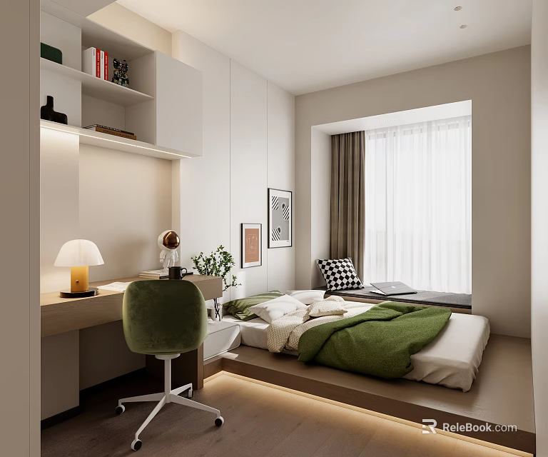 Tatami Bedroom Interior Design with Green Quilt Desk Chair Window Curtain and Bookshelf 3d model 