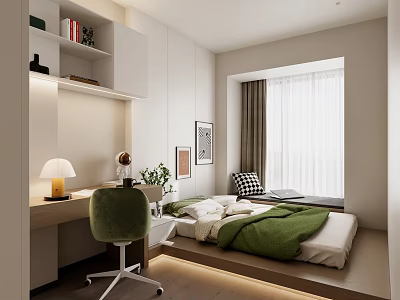 Tatami Bedroom Interior Design with Green Quilt Desk Chair Window Curtain and Bookshelf 3d model