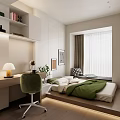Tatami Bedroom Interior Design with Green Quilt Desk Chair Window Curtain and Bookshelf