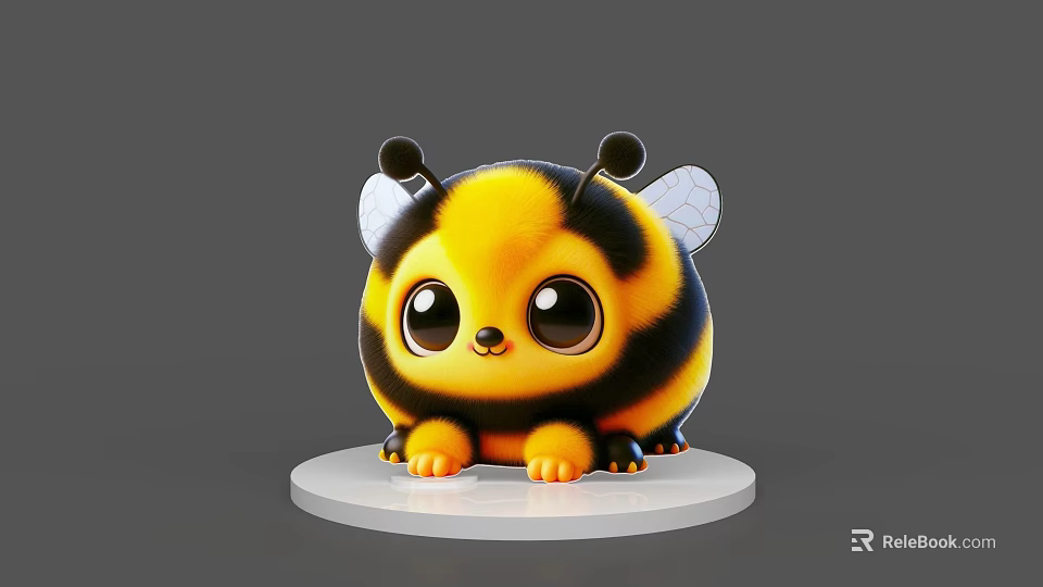 Cute Cartoon Bee with Big Eyes Yellow and Black Stripes Wings on White Base 3d model 