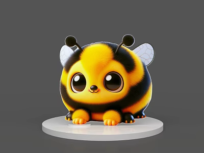 Cute Cartoon Bee with Big Eyes Yellow and Black Stripes Wings on White Base 3d model