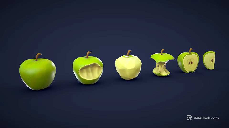 Green Apples Displaying Different Eating Stages from Whole to Core 3d model