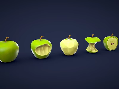 Green Apples Displaying Different Eating Stages from Whole to Core 3d model