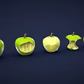 Green Apples Displaying Different Eating Stages from Whole to Core 3d model
