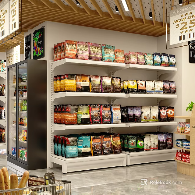 Supermarket Grocery Shelves With Various Packaged Snacks Cereals And Refrigerated Displays 3d model 