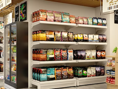 Supermarket Grocery Shelves With Various Packaged Snacks Cereals And Refrigerated Displays 3d model