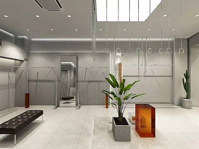 Modern Clothing Store Interior With Hanging Lights Display Racks And Green Plants 3d model