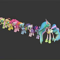 Colorful My Little Pony Toys Standing In Line With Shiny Manes On Black Surface