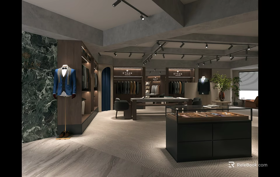 Modern Clothing Store Interior Design With Suit Display Racks Hanging Clothes And Marble Wall 3d model 