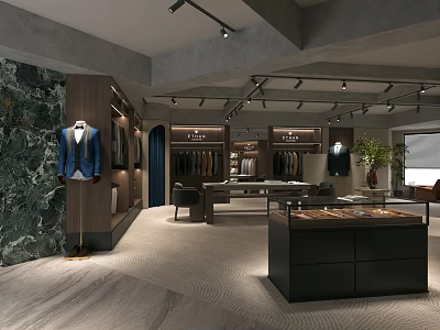 Modern Clothing Store Interior Design With Suit Display Racks Hanging Clothes And Marble Wall 3d model