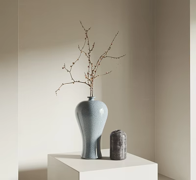 Elegant Light Blue Vase With Dried Branches On White Tabletop Against Light-Colored Wall 3d model