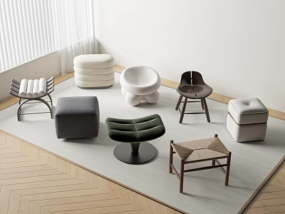 Various Designed Stools In Different Colors Materials Shapes For Carpeted Room With Window Blinds 3d model