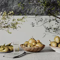 Elegant Decorative Ornament Set With Green Plants Pears And Ceramic Bowls On Tabletop