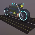 Futuristic Cyberpunk Motorcycle With Neon Wheels Blue Handlebars Yellow Stickers And Copper Exhaust
