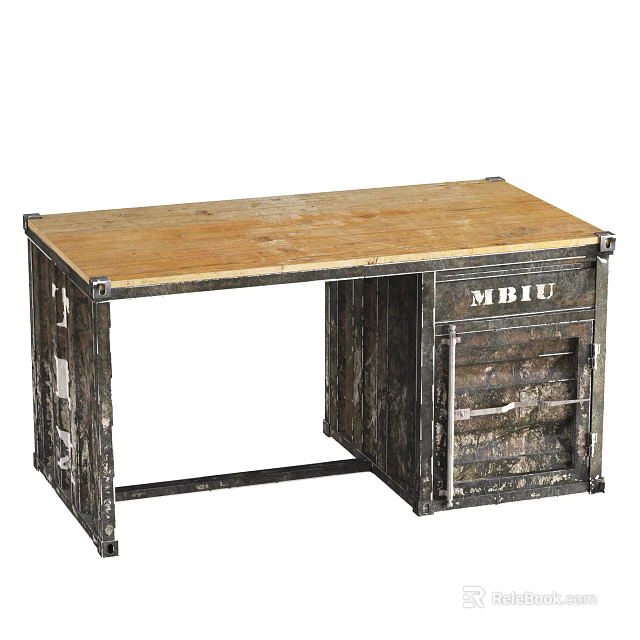 Vintage Industrial Style Desk with Wooden Top and Metal Frame and Drawer Featuring MBIU Label 3d model 
