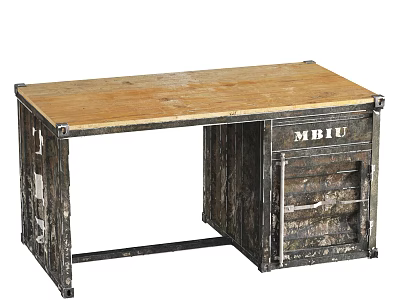 Vintage Industrial Style Desk with Wooden Top and Metal Frame and Drawer Featuring MBIU Label 3d model