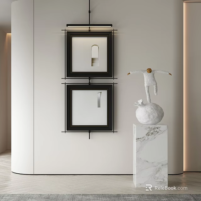 Black Framed Mirrors And White Sculpture On Marble Pedestal In Modern Light Wall Decor 3d model 