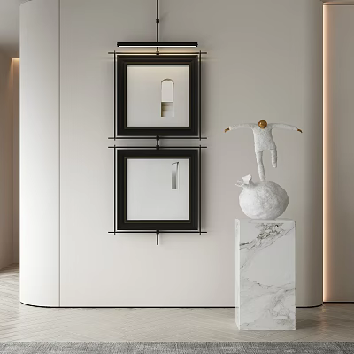 Black Framed Mirrors And White Sculpture On Marble Pedestal In Modern Light Wall Decor 3d model