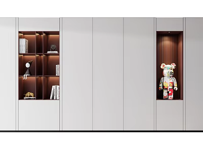 Modern White And Brown Bookcase With Layered Shelves Books Decorative Items And Colorful Bear Figurine 3d model