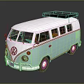 Vintage Volkswagen Bus with Light Blue and White Exterior and Roof Rack Design