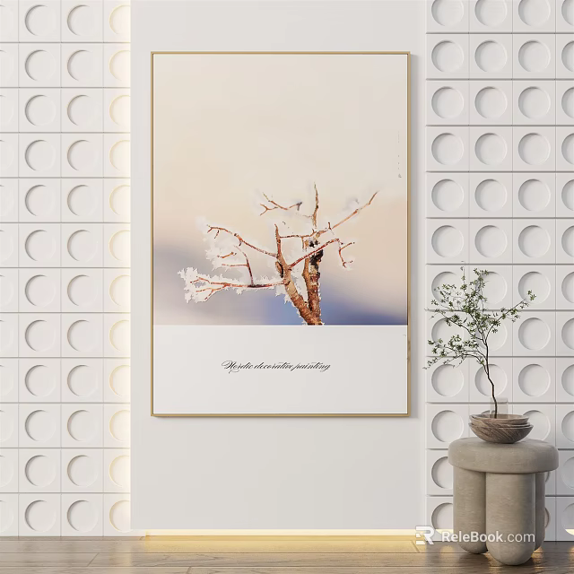 White Wall With Circular Patterns Featuring Blooming Tree Painting And Small Potted Plant 3d model