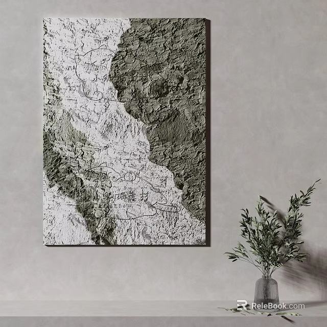 Textured Wall Art With Gray White Green Tones Hanging On Wall Near Green Plant 3d model