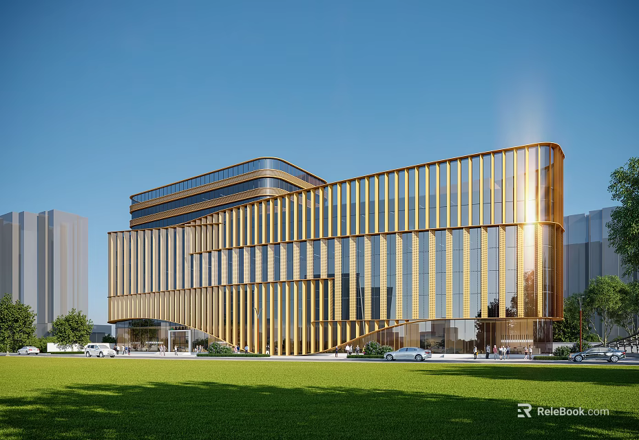 Modern Office Building With Golden Vertical Stripes Glass Facade And Green Lawn 3d model 