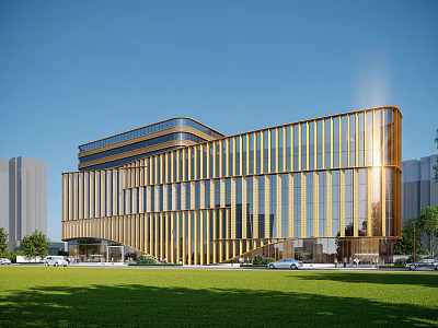 Modern Office Building With Golden Vertical Stripes Glass Facade And Green Lawn 3d model
