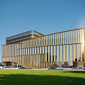 Modern Office Building With Golden Vertical Stripes Glass Facade And Green Lawn