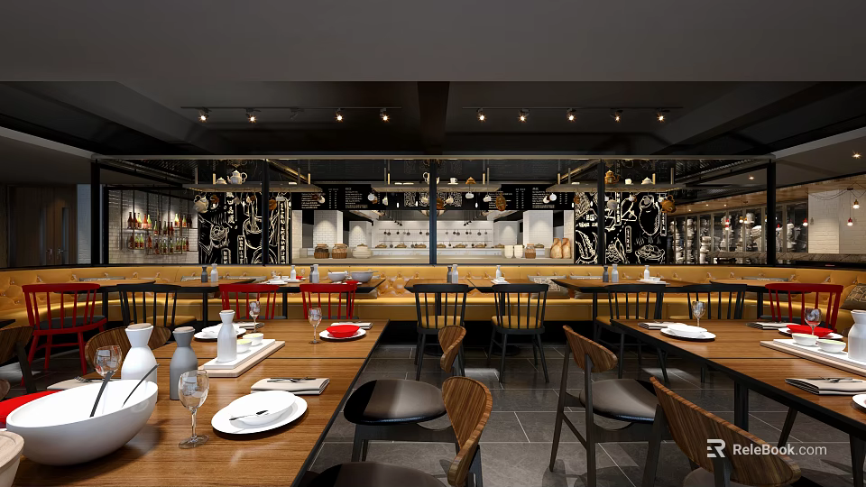 Modern Restaurant Interior With Wooden Tables Chairs Neat Tableware And Decorative Shelves 3d model 