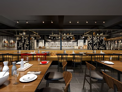 Modern Restaurant Interior With Wooden Tables Chairs Neat Tableware And Decorative Shelves 3d model