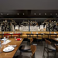 Modern Restaurant Interior With Wooden Tables Chairs Neat Tableware And Decorative Shelves