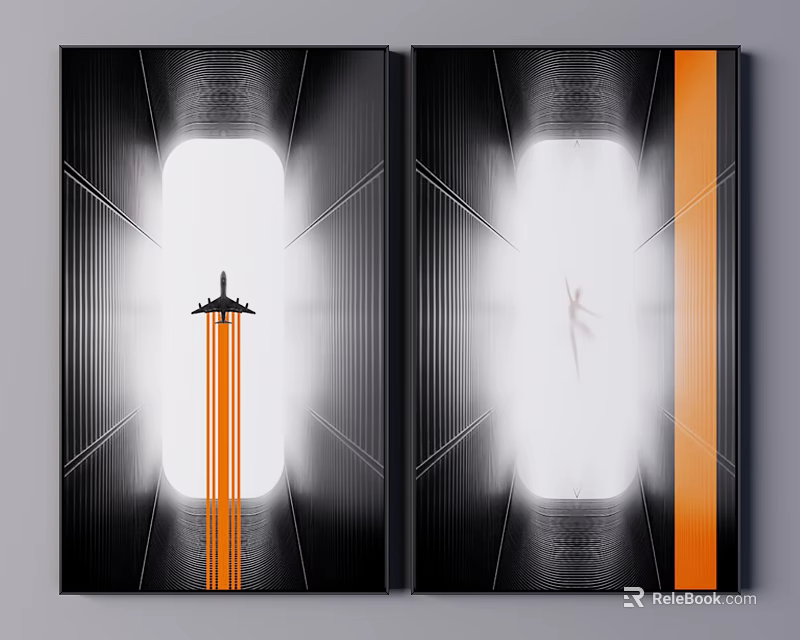 Abstract Art Paintings With Airplane Abstract Shape And Orange Lines On Black White Background 3d model 
