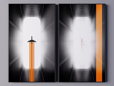 Abstract Art Paintings With Airplane Abstract Shape And Orange Lines On Black White Background 3d model