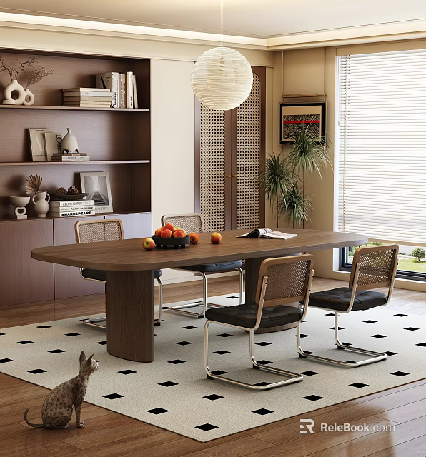 Elegant Modern Restaurant Interior With Wooden Dining Table Chairs Bookshelf And Plants 3d model 