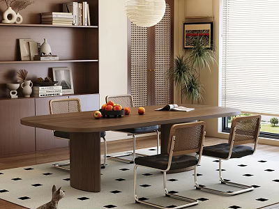 Elegant Modern Restaurant Interior With Wooden Dining Table Chairs Bookshelf And Plants 3d model