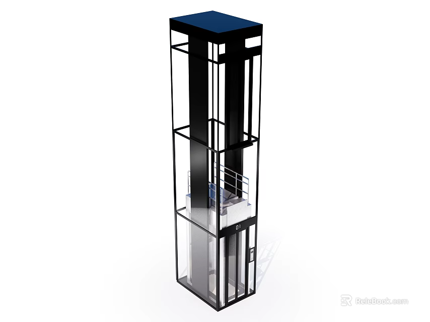 Sleek Modern Elevator With Transparent Glass Exterior Metal Frame And Blue Top 3d model 