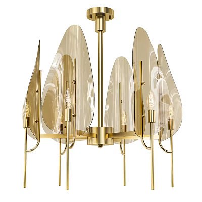 Modern Gold Metal Chandelier With Transparent Leaf Shades And Multiple Bulbs 3d model