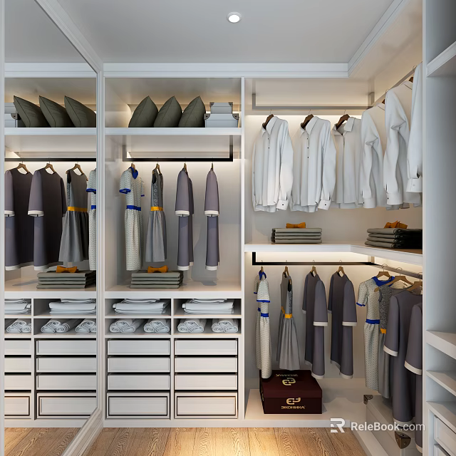 Modern Walk In Closet Interior Design With Hanging Clothes Folded Clothes And Storage Drawers 3d model 