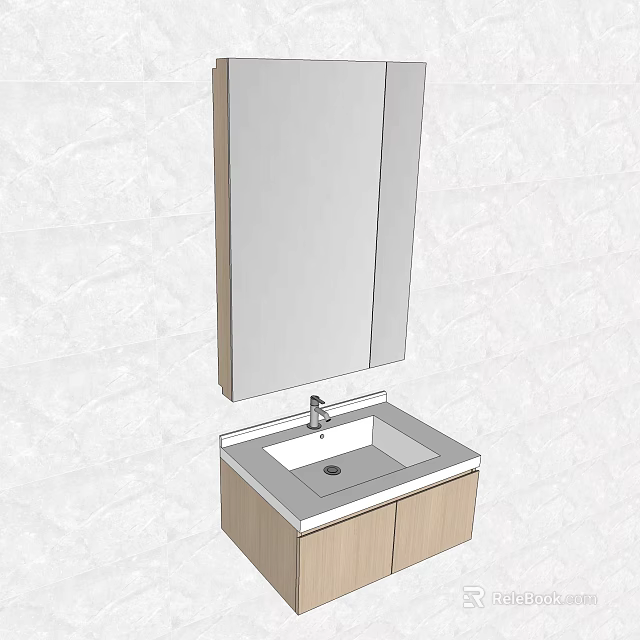 Modern Bathroom Vanity Sink With White Countertop Wooden Cabinet And Wall Mirror 3d model 
