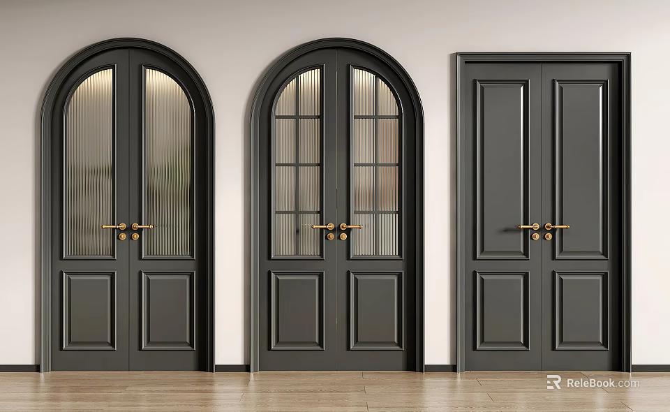 Modern Black Double Doors Featuring Arched Top Glass Panels Solid Wood Design and Golden Handles 3d model 