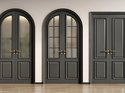 Modern Black Double Doors Featuring Arched Top Glass Panels Solid Wood Design and Golden Handles 3d model