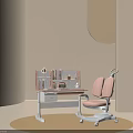 Modern Pink Kids Study Desk Chair Set With Bookshelf Drawer And Round Lamp